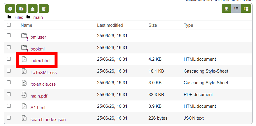 Moodle screenshot showing the item uploaded file item windows listing files. The index.html file is highlighted.