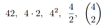 Mathematical expressions of 42, 4 times 2, 4 squared, 4 divide by 2 and 4 choose 2.