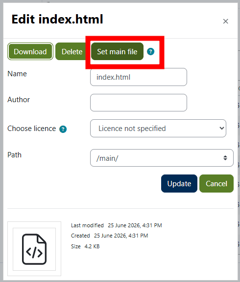 Moodle screenshot showing the Edit file attachment dialogue. The Set Main File button is highlighted