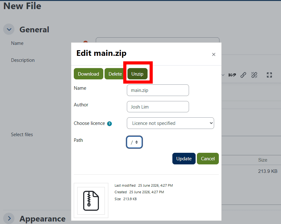 Moodle screenshot showing the item uploaded file item dialogue. The unzip button is highlighted.