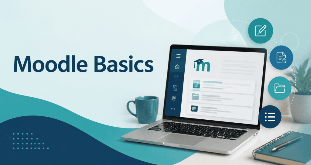Banner with the title "Moodle Basics" alongside an illustration of a laptop displaying a Moodle-style course page, with icons representing course editing, resources and online learning.