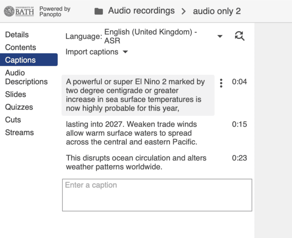 Creating and editing captions in Panopto