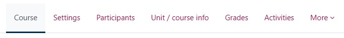 Screenshot showing tab options on a Moodle Course page, including course settings and more.